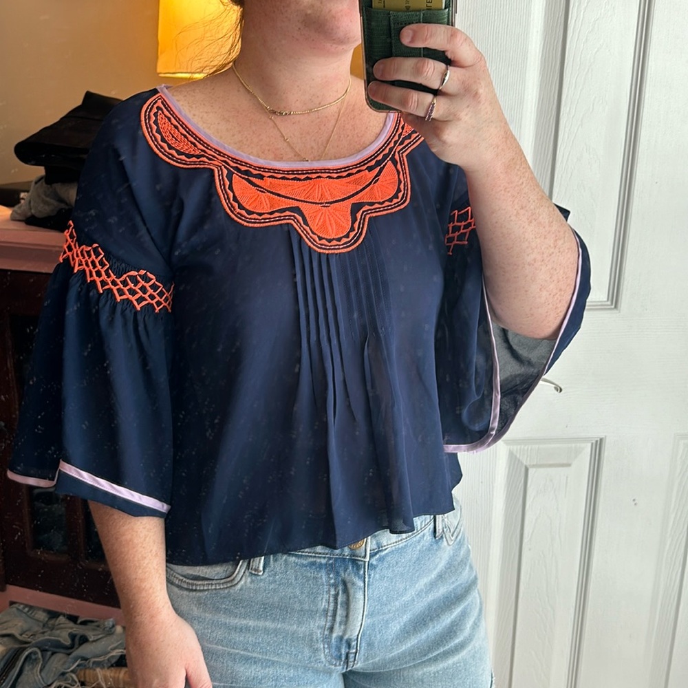 Thml Blouse Navy Orange Sitching - image 1